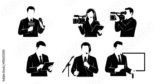 News Media Journalism Industry Professionals Black and White Glyph Vector Icons