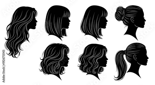 Hair Salon  Beauty Female Hairstyles Profiles Silhouettes Vector Line Art Set