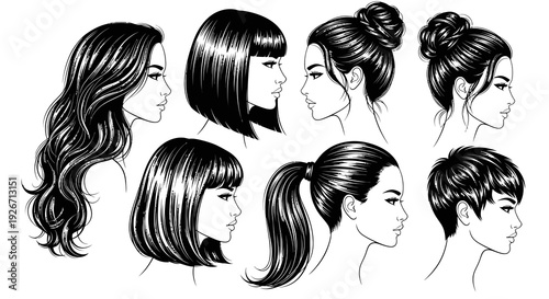 Beauty  Fashion Industry: Diverse Women's Hairstyles Black  White Line Art Vector