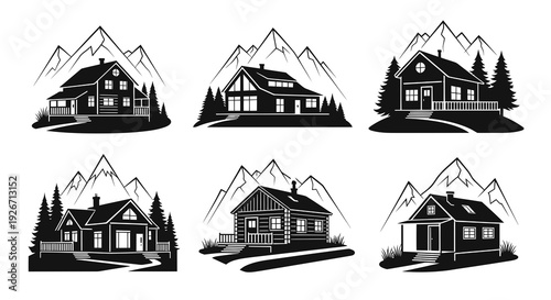 Nature Travel Mountain Cabin Black  White Silhouette Vector Icon Set