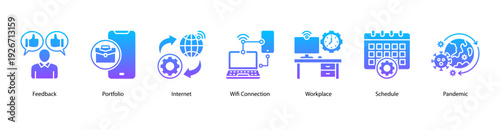 Workplace Connectivity web banner vector illustration featuring Feedback, Portfolio, Internet, Wifi Connection, Workplace, Schedule, and Pandemic.