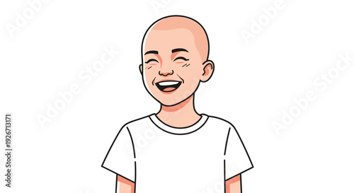A bald child with a wide joyful smile and closed eyes laughs while wearing a plain white t-shirt against a solid white background in a flat illustration.