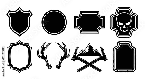 Outdoor Adventure, Rustic  Security Badges Set - Black White Glyph Vector Emblems