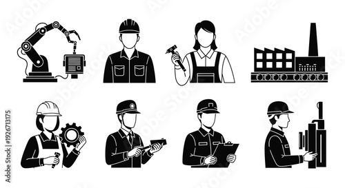 Black  White Industrial Manufacturing Worker  Factory Glyph Icons Set