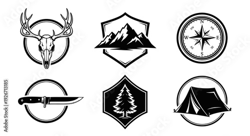 Black  White Outdoor Adventure Emblems Set - Deer Skull, Mountains, Compass, Knife, Tent, Tree