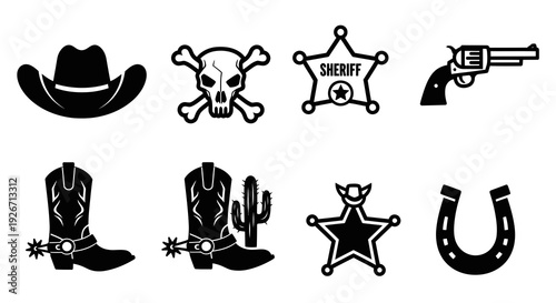 Western Cowboy Black  White Line Art Icons Set for Wild West Design Elements