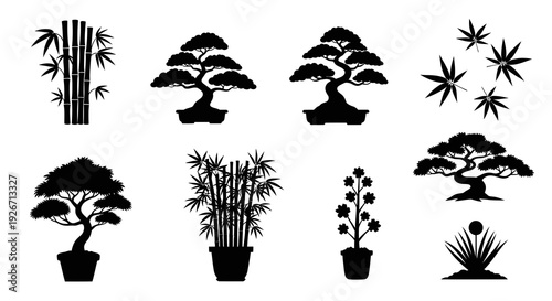 Nature  Zen Gardening: Bonsai Tree, Bamboo, Potted Plants Silhouette Glyph Icons Set