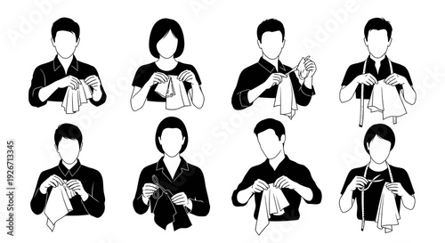 Tailoring  Sewing Professionals with Fabric, Scissors, Tape - Black  White Line Art