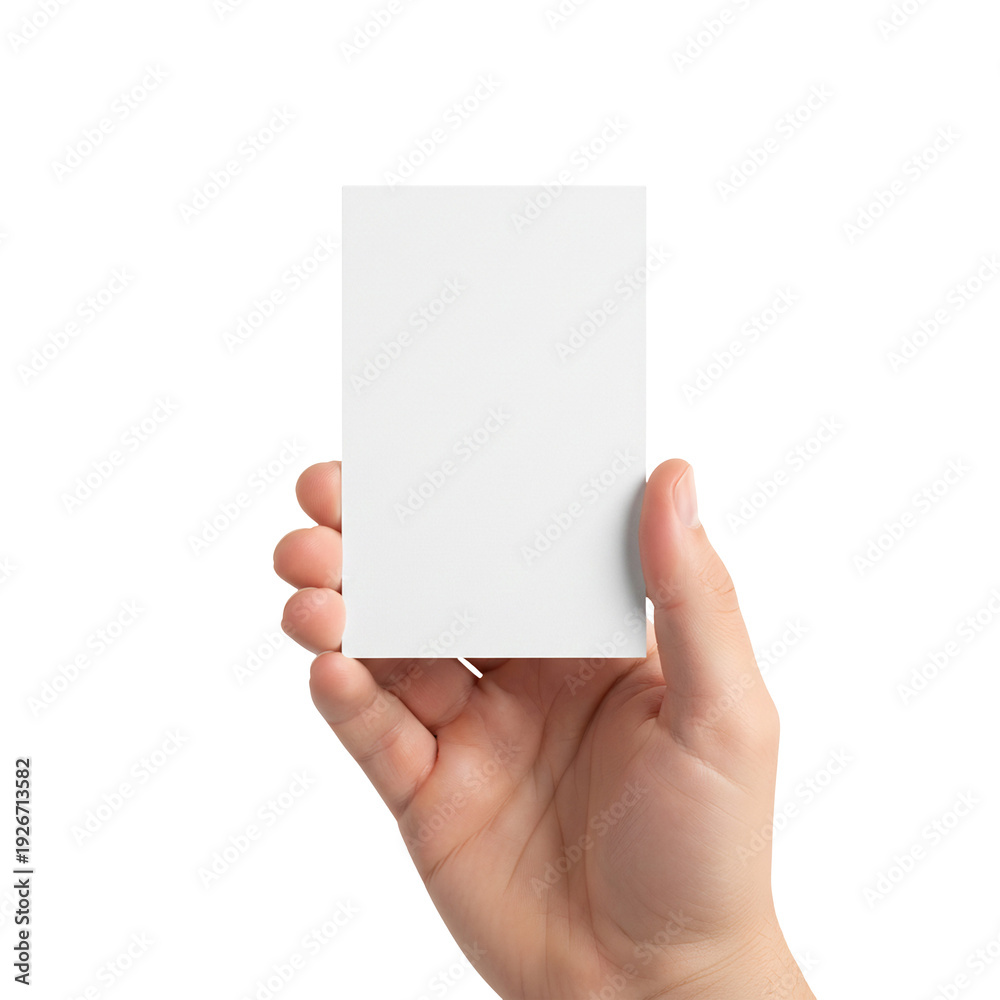 Fototapeta premium A hand holding a blank vertical white business card or flyer isolated on white or transparent background