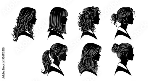 Diverse Women's Hairstyles Silhouettes: Beauty  Fashion Black and White Line Art Vector