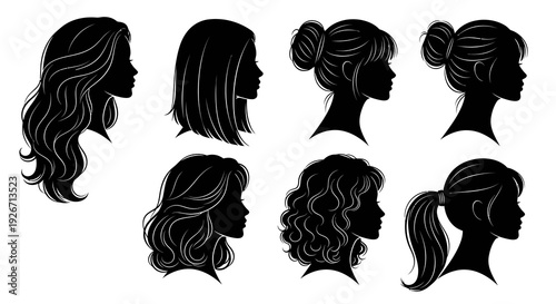 Beauty  Fashion: Diverse Female Hairstyles Vector Silhouettes - Women Profiles Collection