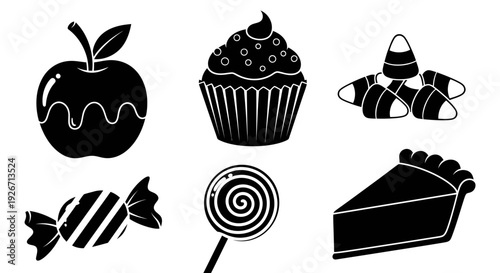 Black and White Food Sweets Glyphs Vector Icons Set: Candied Apple, Cupcake, Candies, Pie