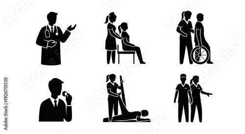 Medical Healthcare Therapy Glyph Icons. Doctor, Nurse, Patient Care  Rehabilitation
