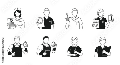 Healthcare and Fitness Professions Black  White Line Art Icons Set - Medical, Dental, Training