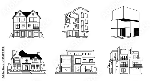 Black  White Line Art Buildings Set: Architecture, Real Estate, Houses, Modern Homes