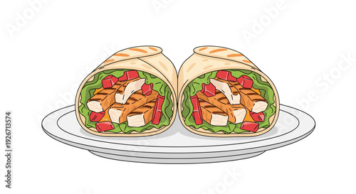 A vector illustration of two chicken wrap halves filled with grilled meat, tomatoes, and lettuce served on a simple gray plate against a plain white background.