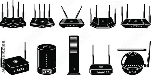 WiFi router and wireless modem icon set with antennas, modern internet networking devices, black silhouette vector illustration isolated on white background
