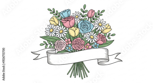 Colorful bouquet flowers with ribbon banner on white background for greeting card or gift tag design