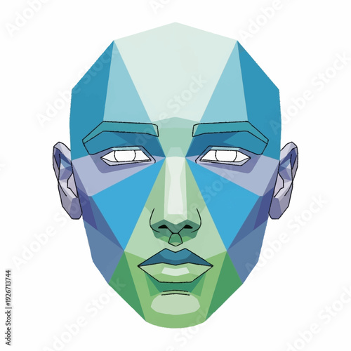 Geometric Human Face Illustration with Abstract Polygons and Vibrant Colors.