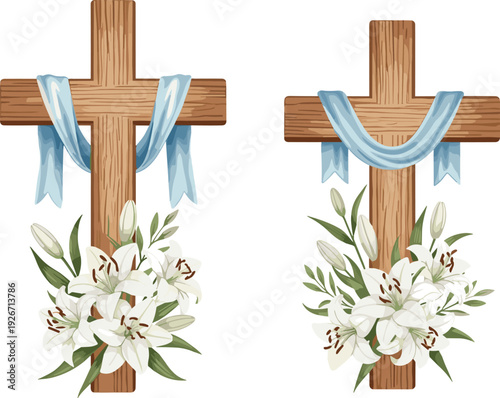 Wooden Christian cross decorated with white lily flowers and blue draped cloth, Easter religious symbol vector illustration isolated on white background.