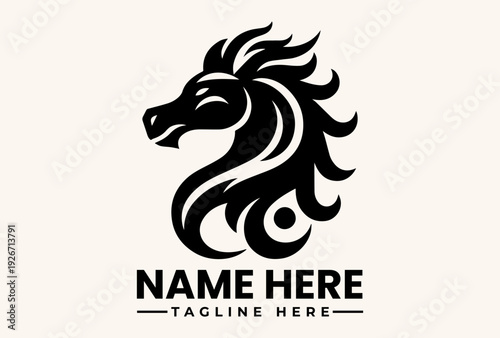 A stylized black horse head logo with flowing mane and placeholder text on a beige background, featuring a vector illustration design.
