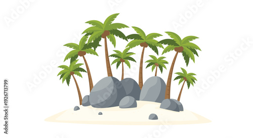 A vector illustration of a group of green palm trees and large gray rocks situated on a small sandy patch against a solid white background.