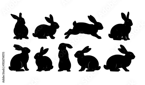 Easter bunny silhouette vector set with sitting and jumping rabbit poses for greeting card and spring decoration isolated on white