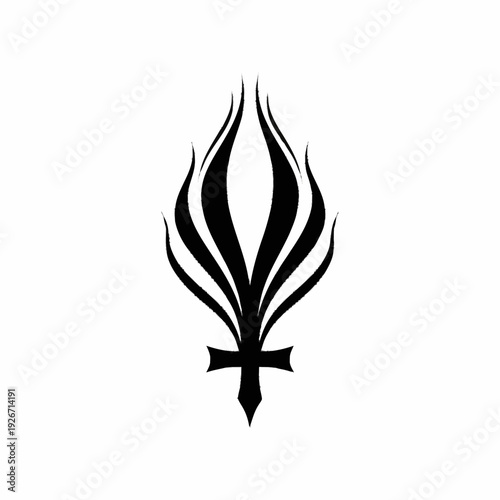 Stylized black flame and cross symbol on white background.