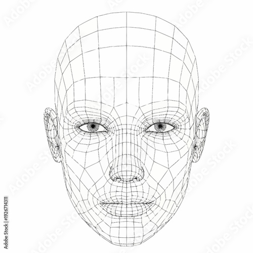 Wireframe mesh of a human face representing digital identity and technology.