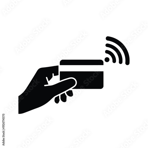 Hand holding credit card with wireless signal near it icon illustration simple