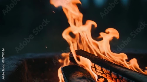 Flames rising from burning logs in outdoor fire pit at dusk  