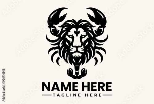 A black and white illustration of a lion's head with scorpion horns on a beige background, featuring placeholder text for a logo or icon.