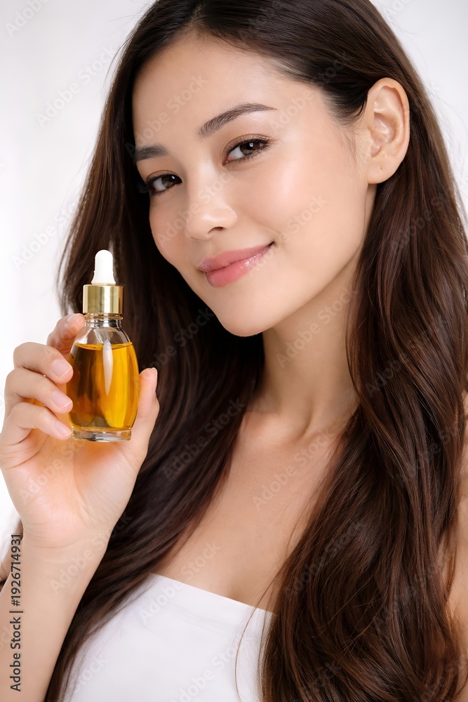 Fototapeta premium A young woman holding a bottle of oil for skincare or haircare
