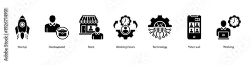 Startup and Employment web banner vector illustration featuring Startup, Employment, Store, Working Hours, Technology, Video Call, and Working.