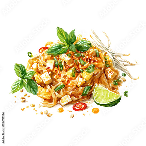 Watercolor illustration of Pad Thai, vector artwork, isolated on white background.