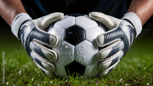 Goalkeeper hands in white gloves holding wet soccer ball on green grass field, water drops and dramatic lighting. Concept of professional football match