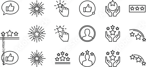 Customer review and rating icons set vector illustration, feedback stars and thumbs up symbols for business reputation and quality design,