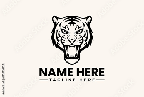 Black and white illustration of a tiger head logo with a bold design and customizable text on a clean background.