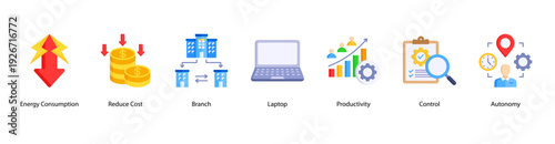 Workplace Efficiency web banner vector illustration featuring Energy Consumption, Reduce Cost, Branch, Laptop, Productivity, Control, and Autonomy.