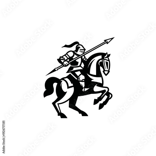 Knight in armor riding horse and holding spear in dynamic pose  