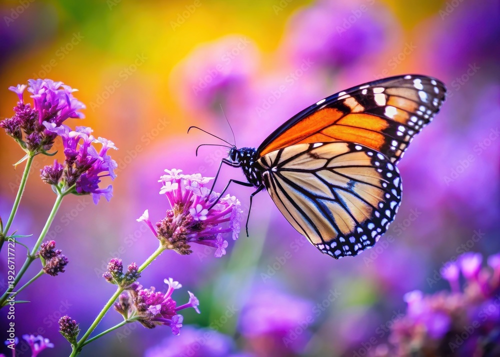 Fototapeta premium A delicate butterfly perches on a purple violet flower stem