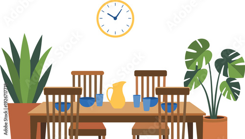Modern Dining Room Interior Vector Illustration with Wooden Table, Chairs, Indoor Plants, Wall Clock and Tableware, Cozy Home Kitchen Decor Scene Isolated on White Background
