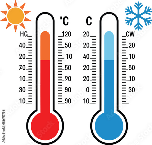 Temperature comparison with thermometer and weather symbols