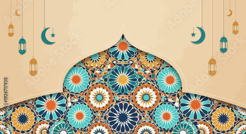 Photography Islamic Arch Decorated with Colorful Mosaic Tiles and Lanterns Hanging