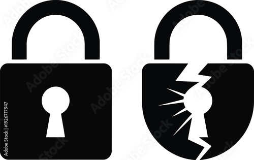 A locked and unlocked padlock on a white background