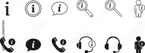 Customer service and information icon set, help desk support silhouettes, call center assistant symbols, isolated on white background, vector illustration.