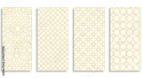 Geometric patterns on four beige cards with intricate designs Vector