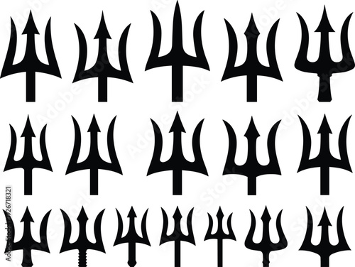 Trident Silhouette Collection with Mythological Spear Icons and Poseidon Neptune Symbols Isolated on White Background for Logo Design, Tattoo Art, and Graphic Projects