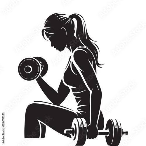 Woman Dumbbell Workout Silhouette, Female Fitness Strength Training Icon, Gym Exercise Illustration, Healthy Lifestyle Vector