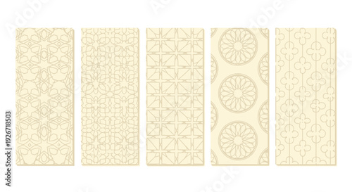 A collection of beige patterned panels displayed together, showcasing various designs and textures in a vector illustration.